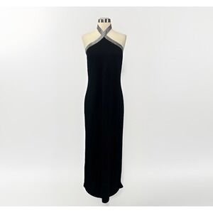 St. John Black Halterneck Evening Dress Black Sz 4 Crystal Embellishments *Read